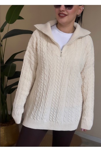 Krem Yarım Fermuarlı Premium Seri  Kazak